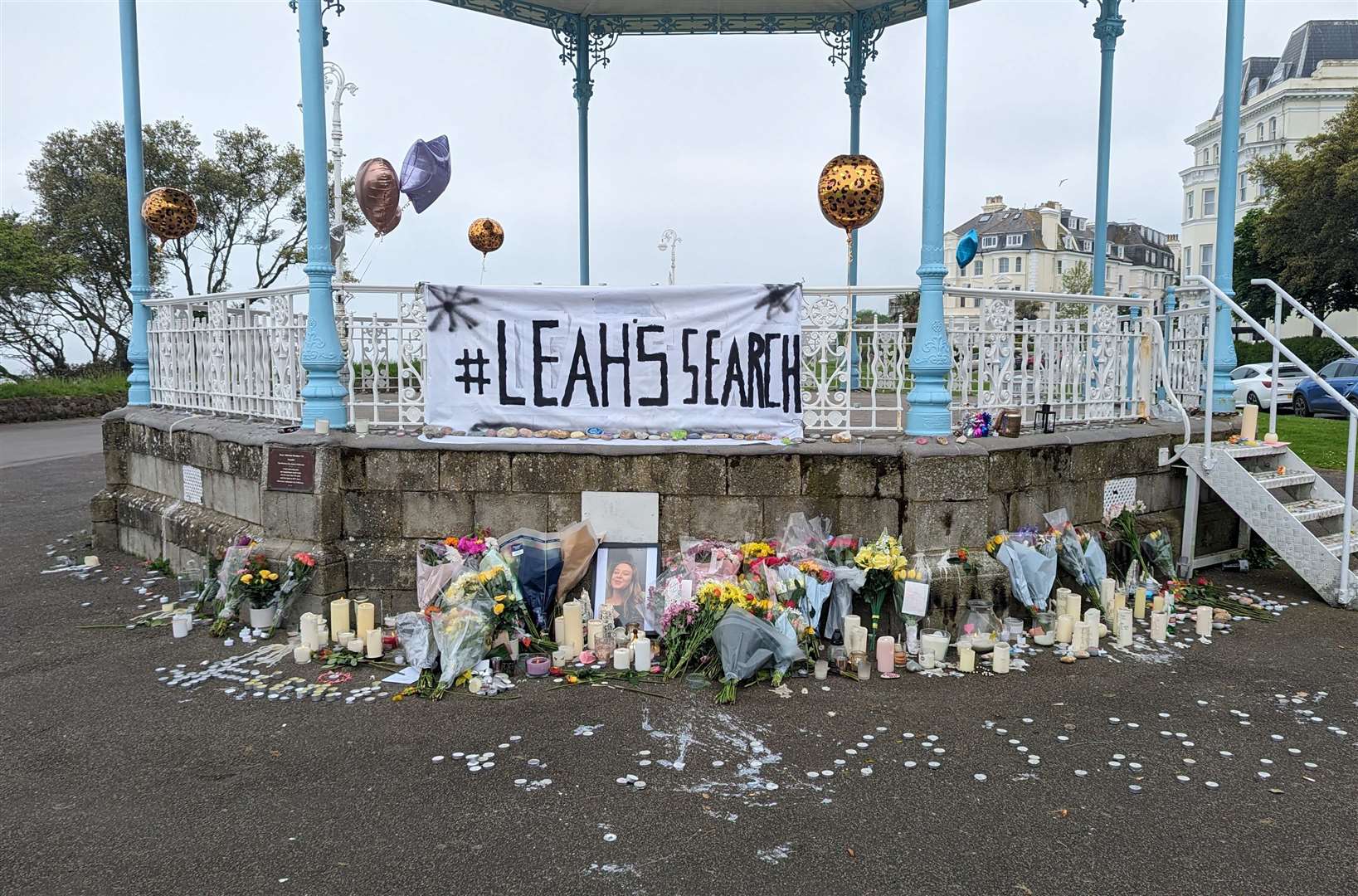 Tributes to Leah Daley left at the bandstand on The Leas in Folkestone following the discovery of a body in the search for the missing 24-year-old