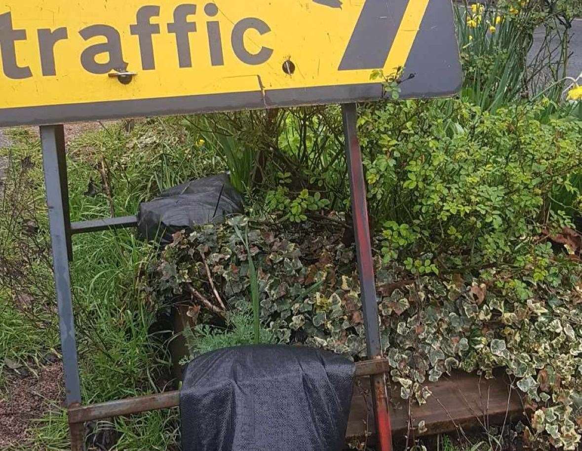 The diversion signs were put on the green which damaged the plants. Photo: Lesley Richards