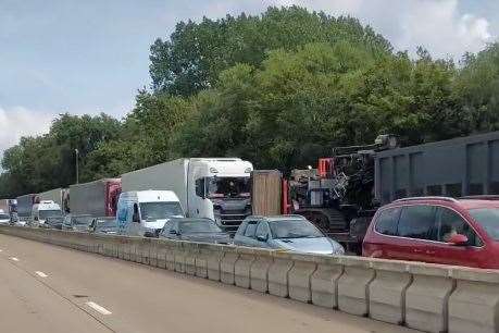 There are heavy delays on the M20 London-bound between Junction 9 for Ashford and Junction 8 for Leeds Castle, Maidstone, following a lorry fire. Picture: Gary Yardley