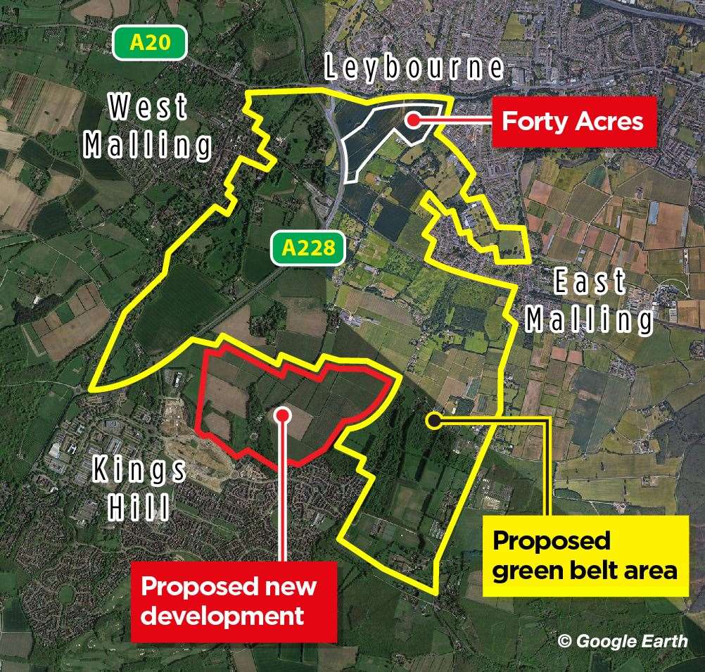 This map shows the hoped-for extension of the green belt between East Malling and surrounding towns and villages