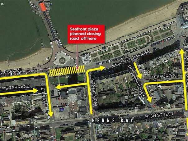 A graphic showing how the new one-way system in Herne Bay will work and where the Central Parade plaza will be