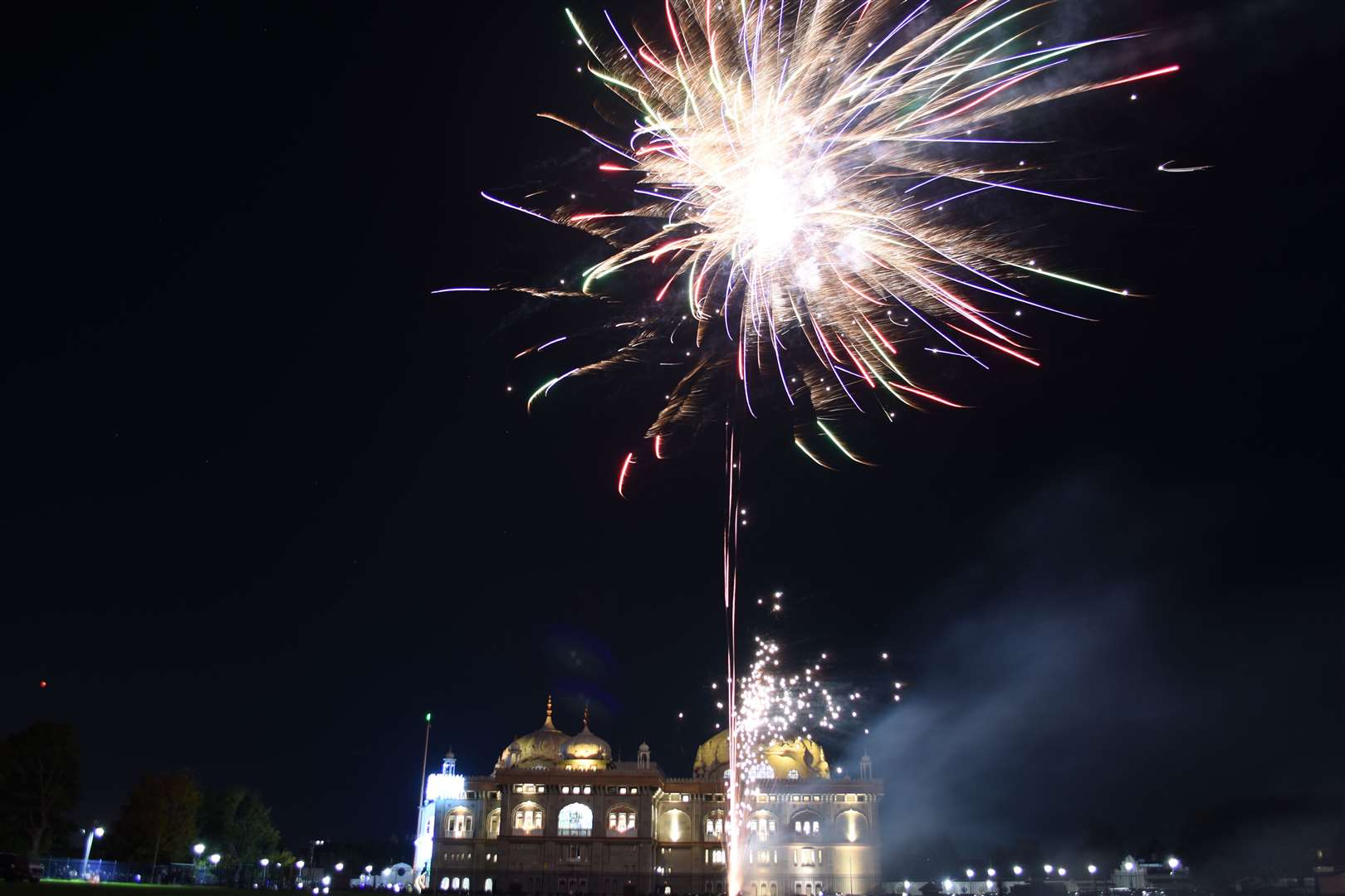 Fireworks to celebrate Diwali soar over the Gurdwara in Gravesend last night. Picture: Jason Arthur