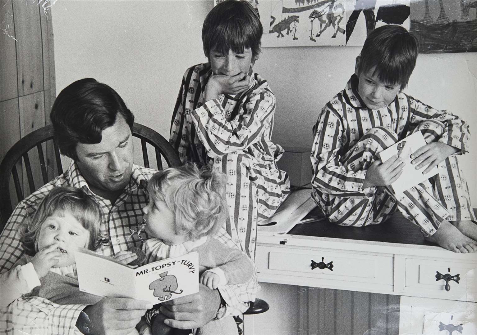 The Mr Men creator Roger Hargreaves pictured with his children (Adam, top centre). Picture: Sanrio