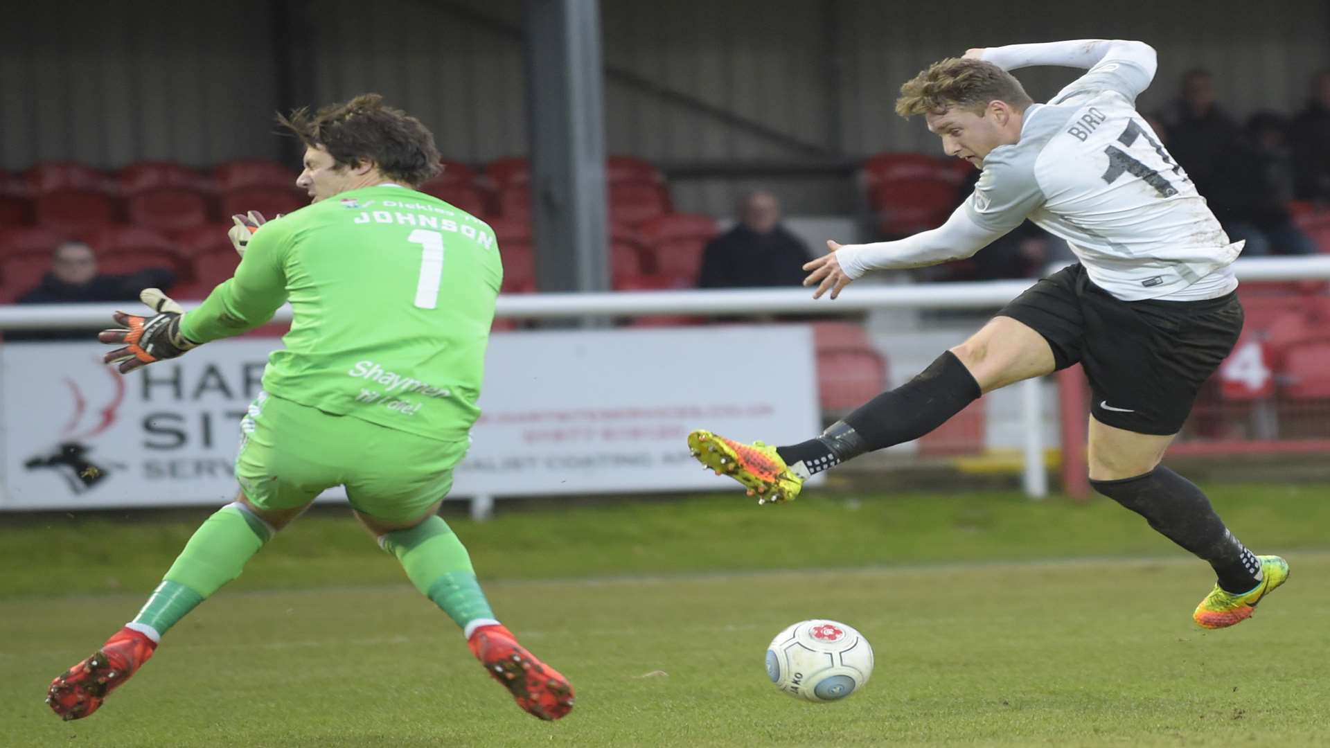 Dover's Ryan Bird is denied by the FC Halifax keeper on Saturda. Picture: Tony Flashman