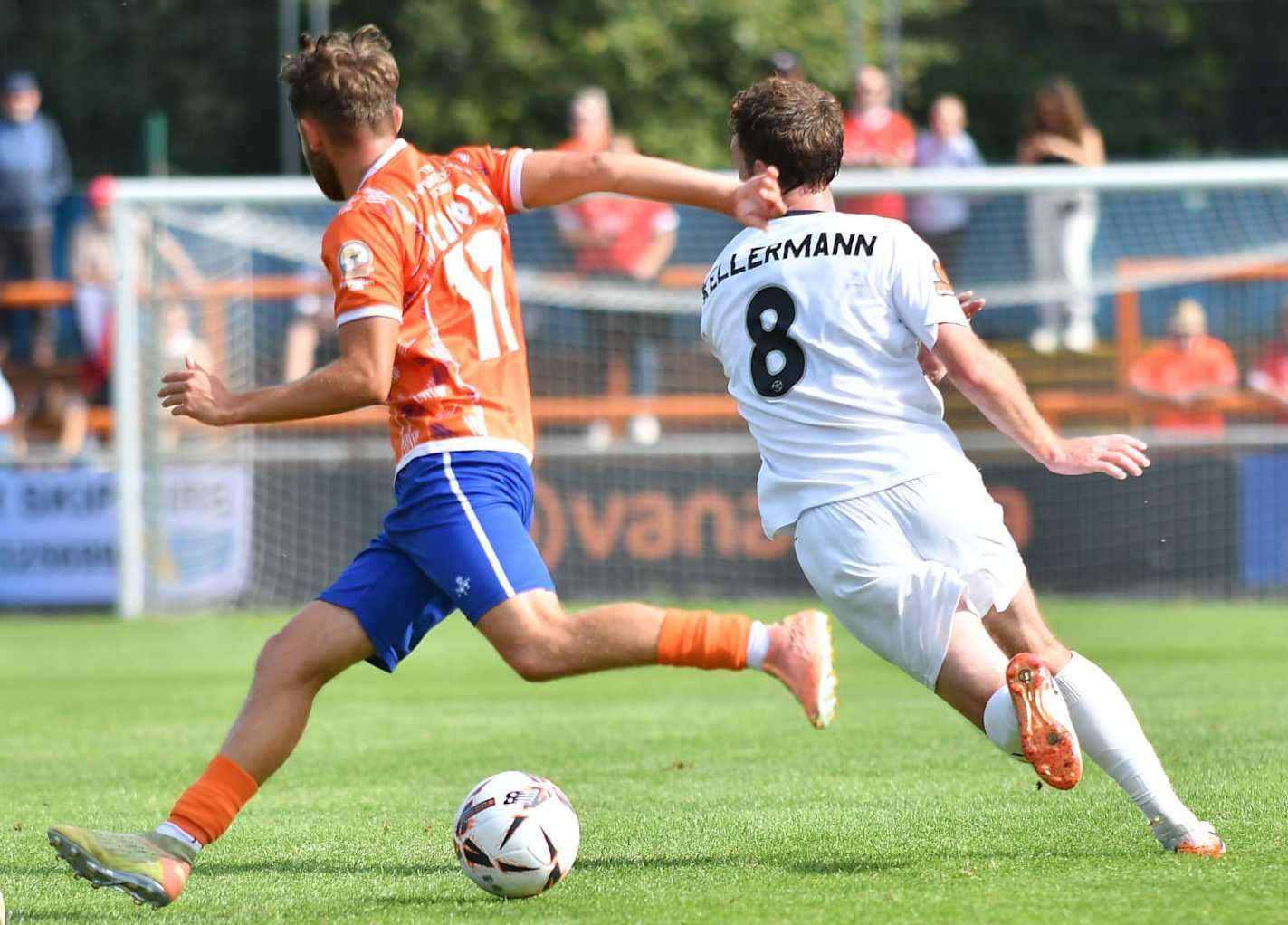 Fleet midfielder Jim Kellermann gives chase at Braintree on Monday. Picture: Ed Miller/EUFC