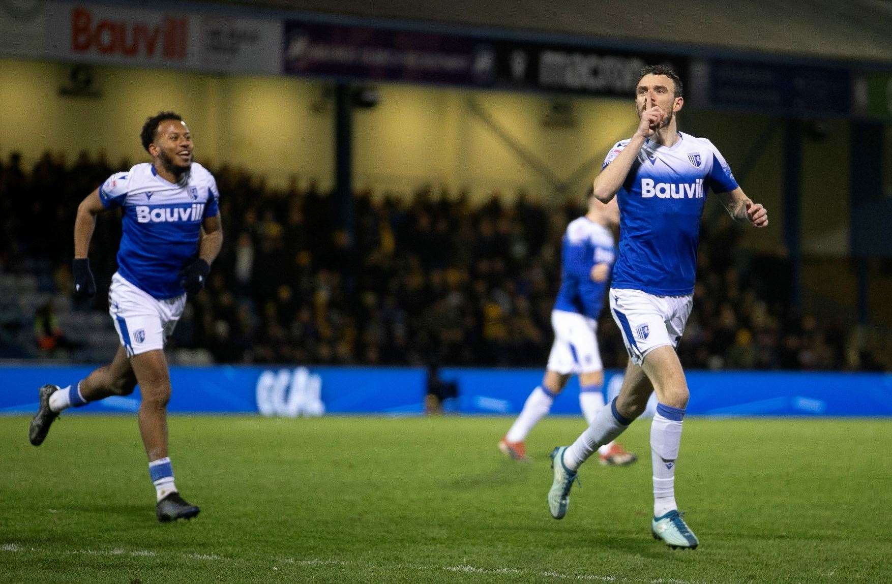 Scott Malone with a "shush" celeration in front of the Gillingham fans Picture: @Julian_KPI