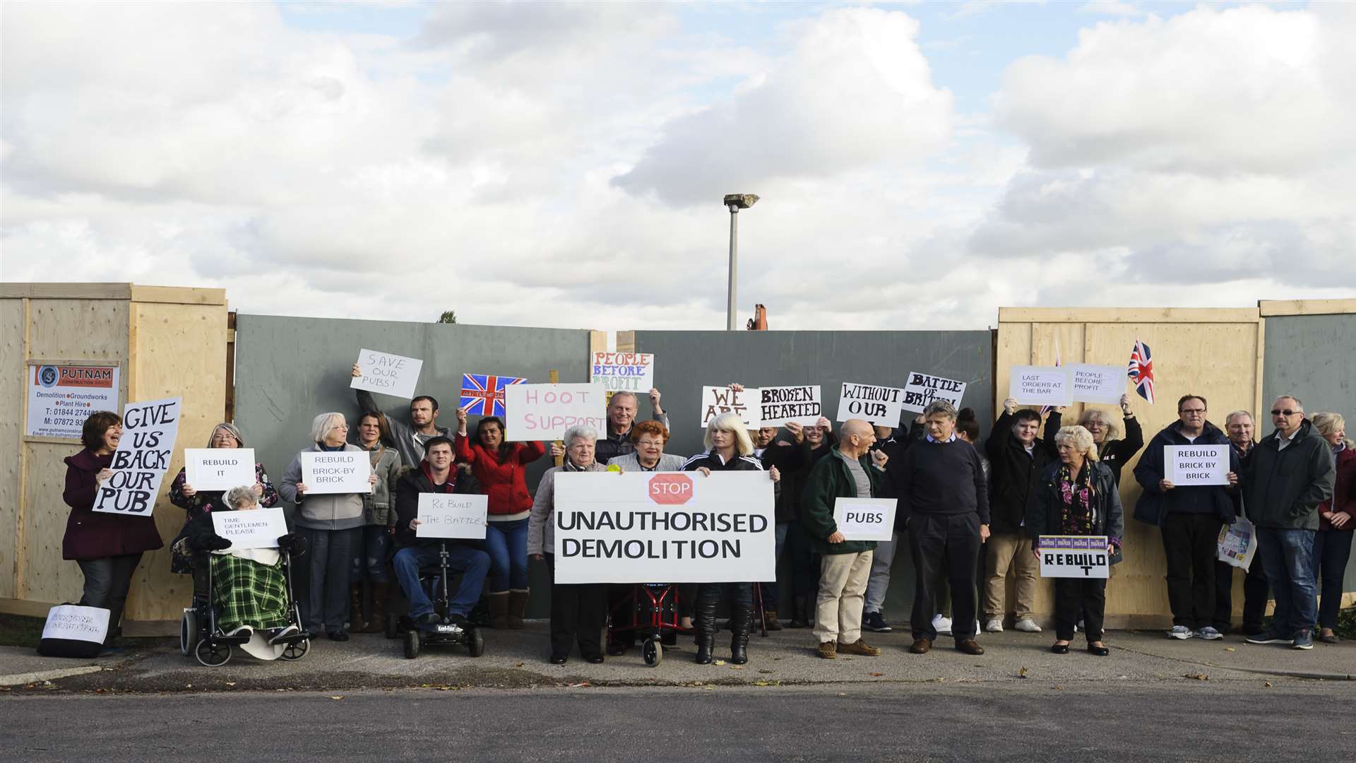 Demonstrators outside the site of the former Battle of Britain pub, Coldharbour Road, Northfleet.