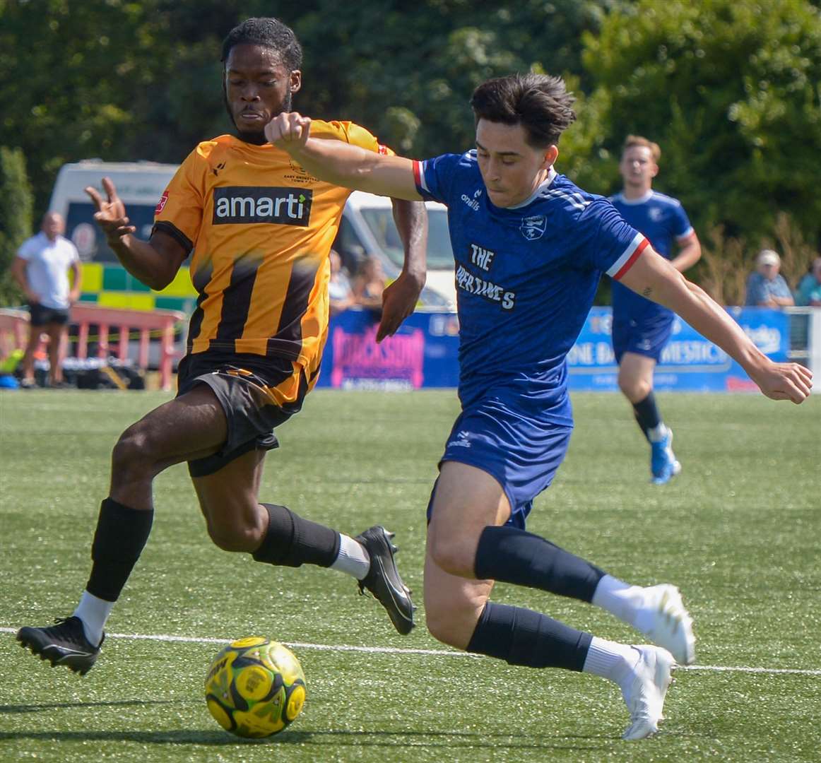 Defender Harrison Hatfull tries to create a chance for Margate. Picture: Stuart Watson