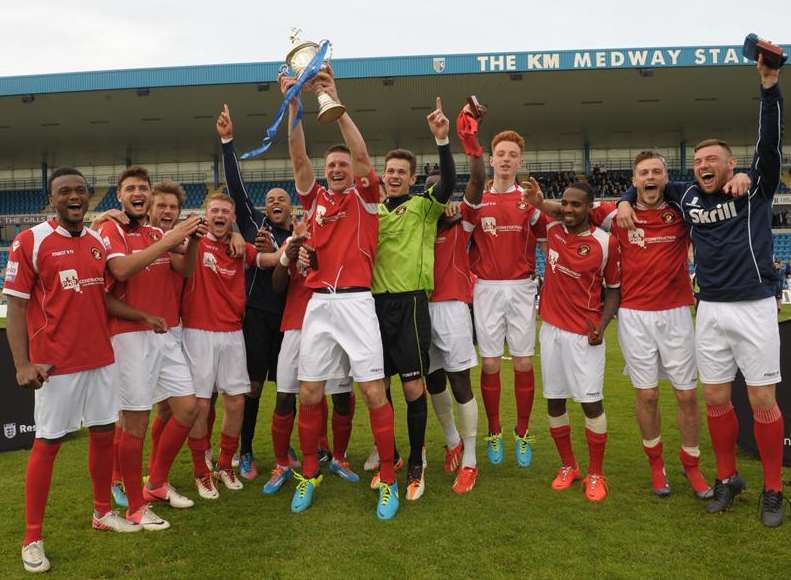 Ebbsfleet United lift the Kent Senior Cup at Priestfield Picture: Steve Crispe