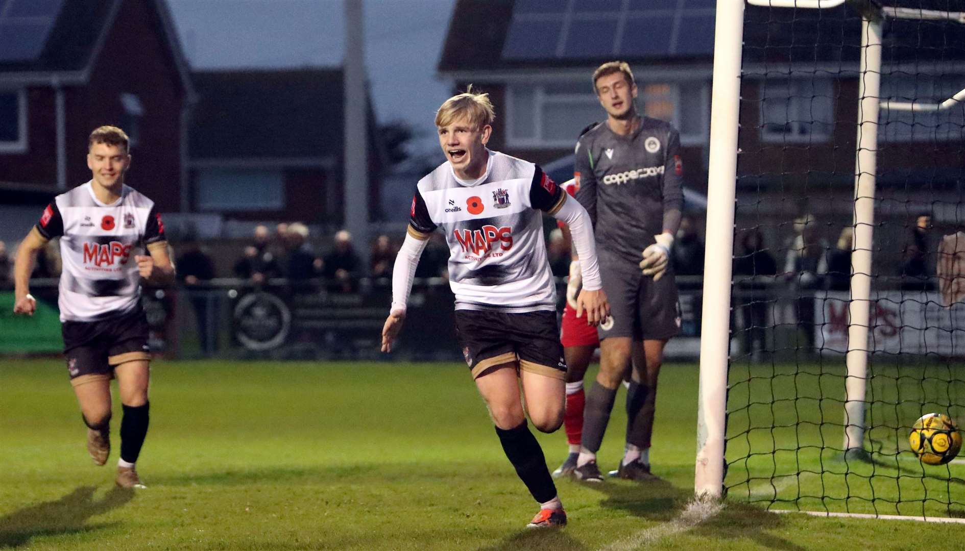 Archie Hatcher celebrates scoring his first goal for Deal Town. Picture: Paul Willmott