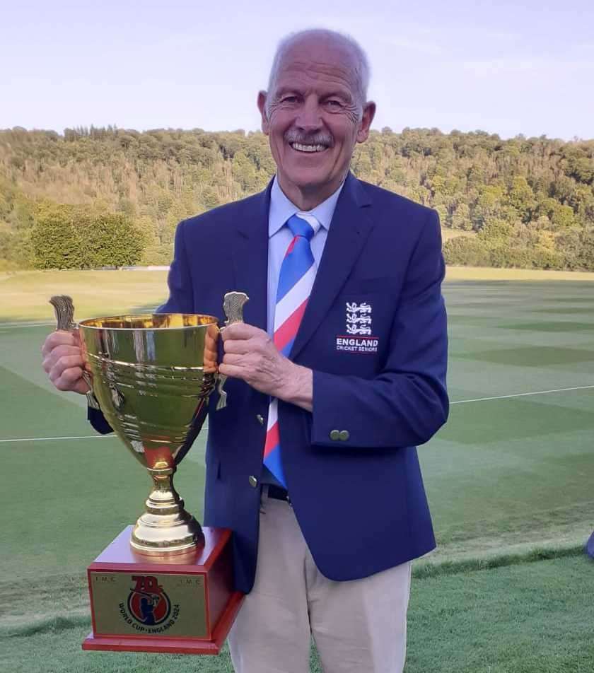 Betteshanger Colliery Welfare CC all-rounder Derek Towe proudly holds the Over-70s Cricket World Cup