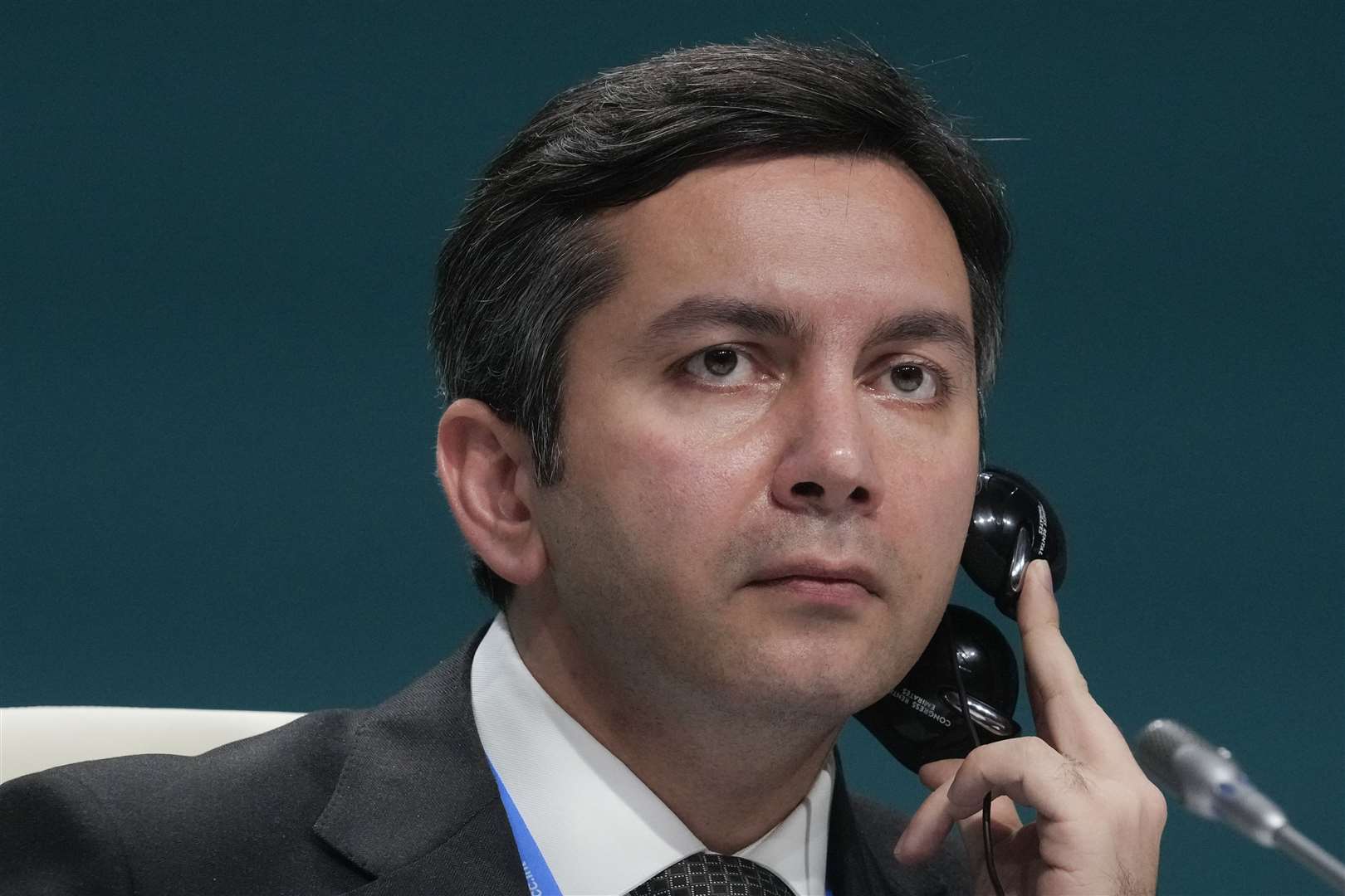 Yalchin Rafiyev, Azerbaijan’s Cop29 lead negotiator, was challenged about Dr Gubad Ibadoghlu’s case at the summit on Wednesday (Rafiq Maqbool/AP/PA)