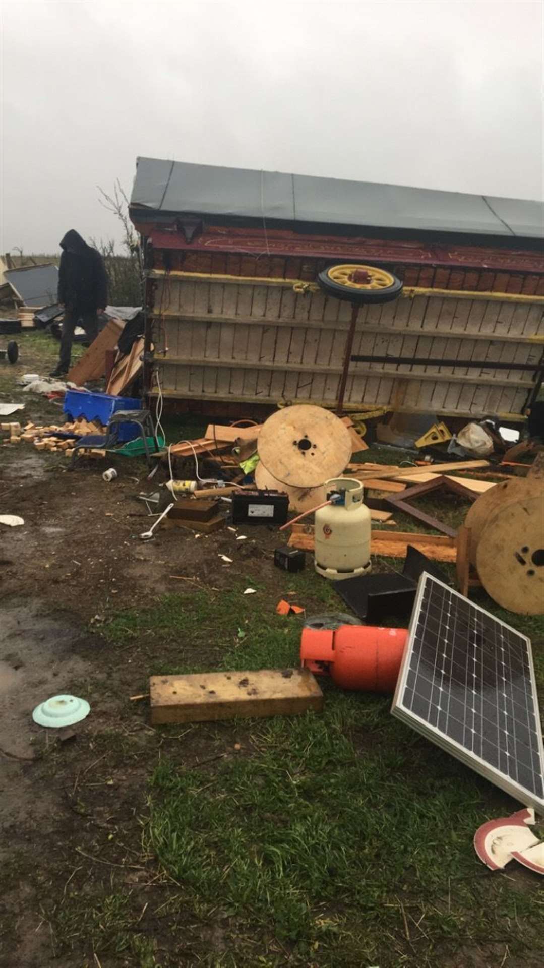 Destruction to David Sanger's hand built wagons at his land in Thanet after Storm Gareth