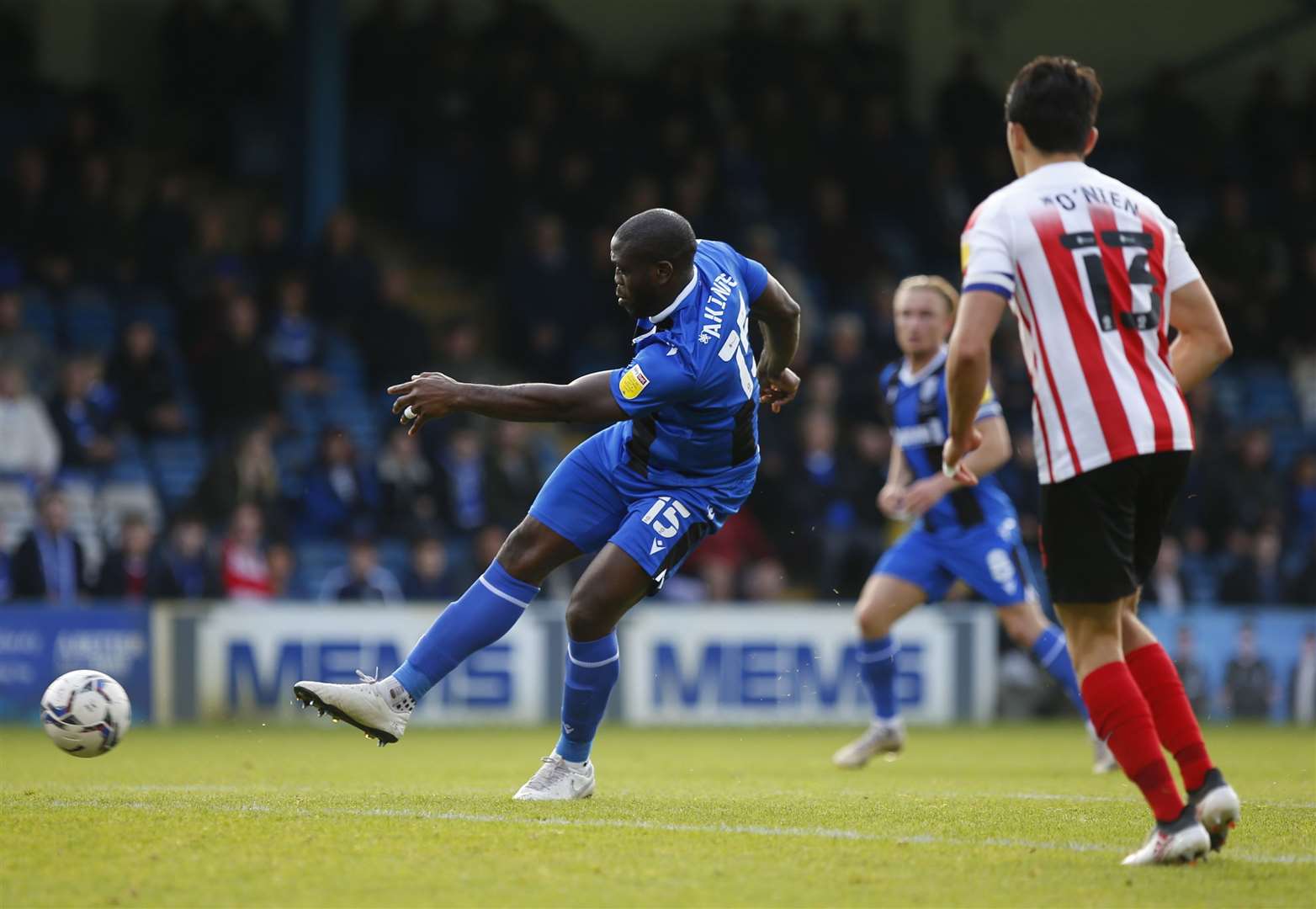 Gillingham forward John Akinde gets stuck in. Picture: Andy Jones