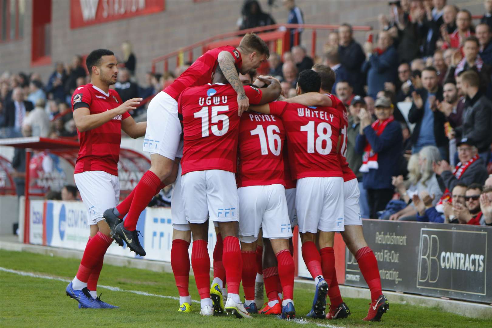 Ebbsfleet celebrate taking the lead against Wrexham Picture: Andy Jones