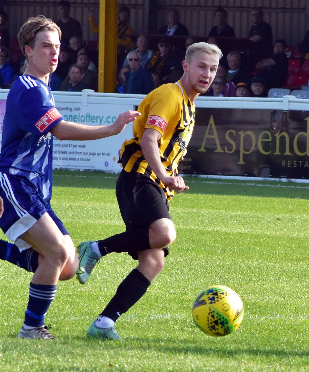 Folkestone's Alfie Paxman scores one of his two goals during his side's 5-1 win over Brightlingsea Regent last weekend. Picture: Randolph File