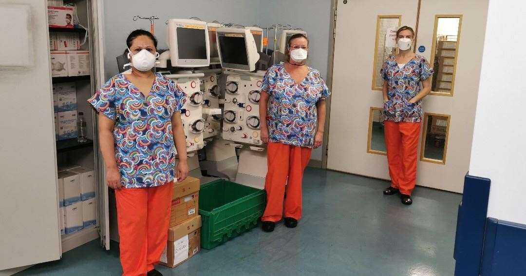 ITU staff wearing some very colourful rainbow scrubs thanks to the donation of material by Noah Evans (son of DJ Chris Evans) and the fabulous scrub team lead by ex ITU Nurse Una O'Connor. Picture: Darent Valley Hospital