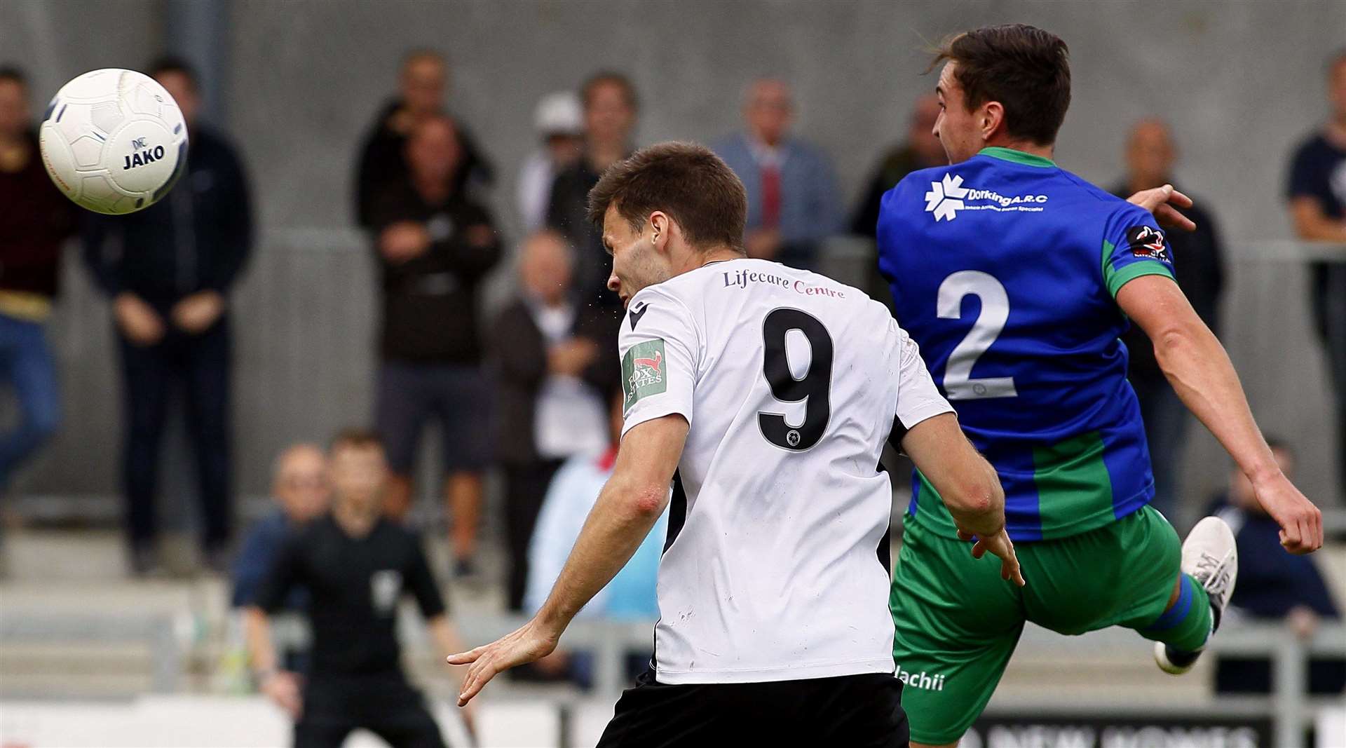 Dartford's Charlie Sheringham heads in the third goal. Picture: Sean Aidan