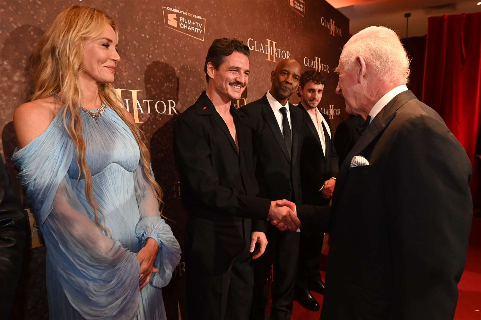 The King met the stars of Gladiator II at its premiere on Wednesday evening (Eddie Mulholland/The Telegraph/PA)