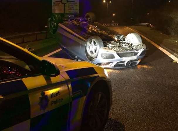 Car overturned on A2 slip road. Credit: @kentpoliceroads