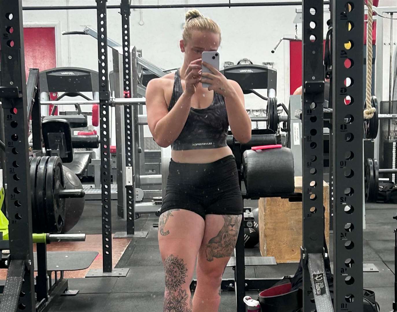 Jade in the gym, she says her lifestyle has changed completely from eating four takeaways a week two years ago to preparing for the European Strongwoman competition this month. Picture: Jade Crouch