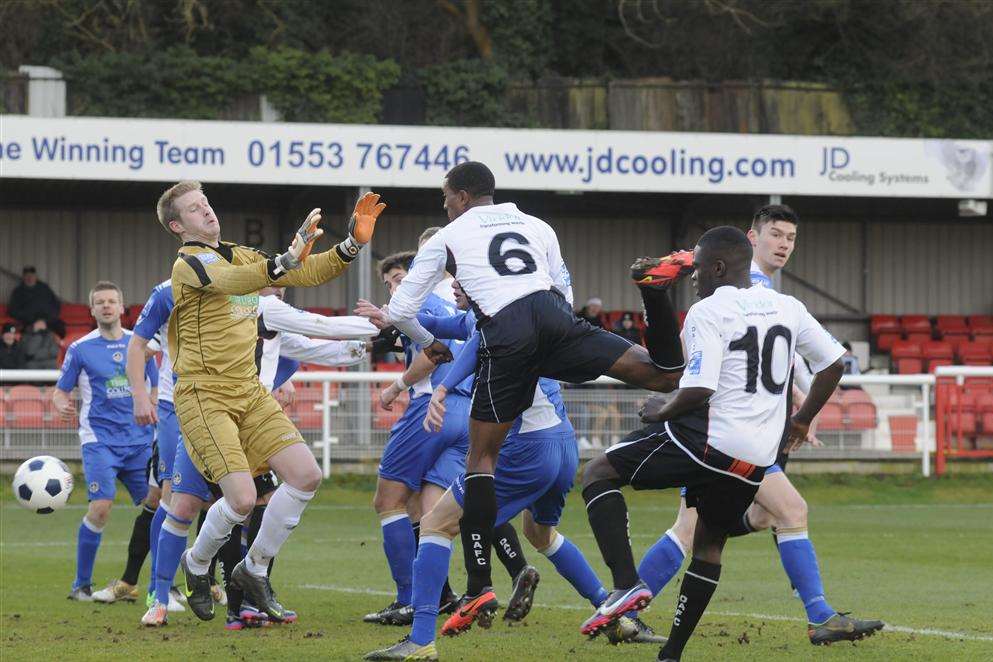 Tyrone Sterling (6) scores for Dover against Truro last season. He scored again in the 4-0 win against Faversham on Tuesday night.