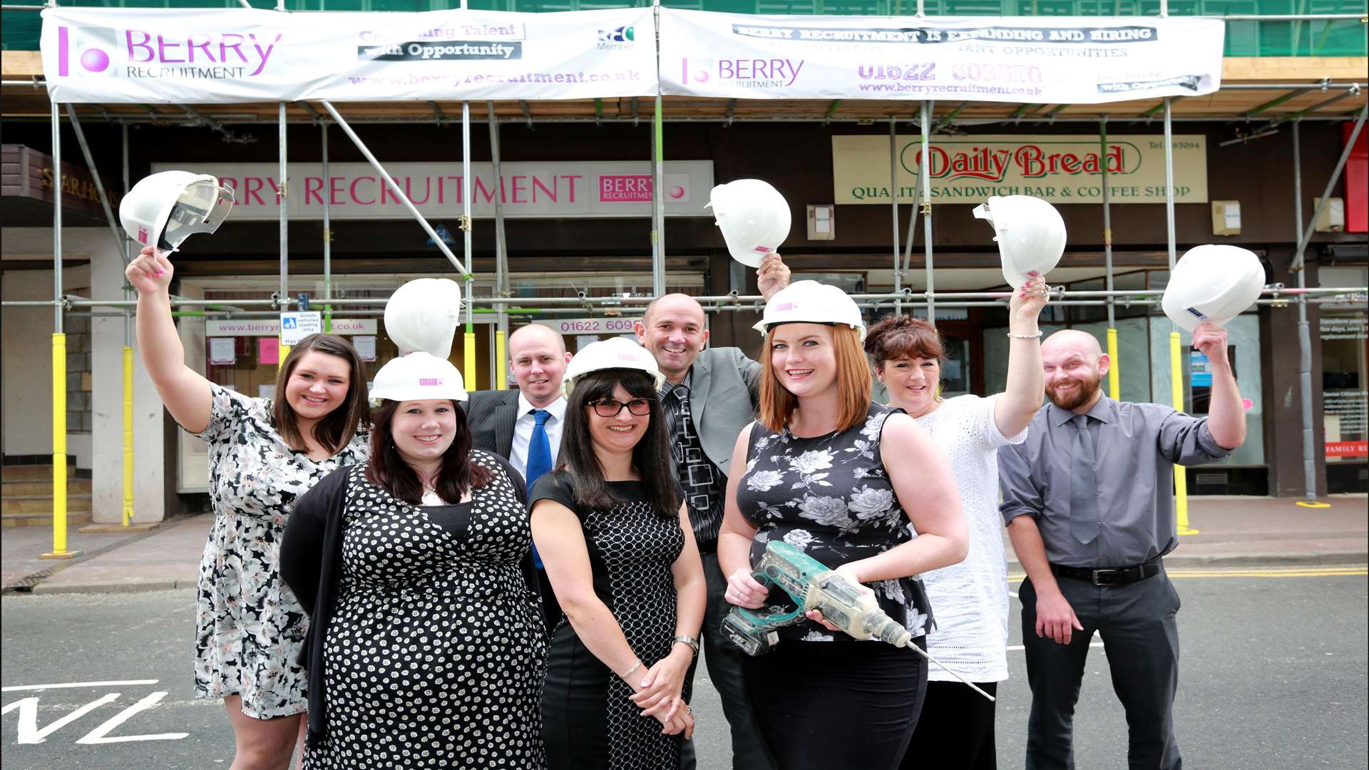 Berry Recruitment staff with regional sales director Jody Page, centre, in Maidstone where its Pudding Lane offices are expanding into a former cafe next door