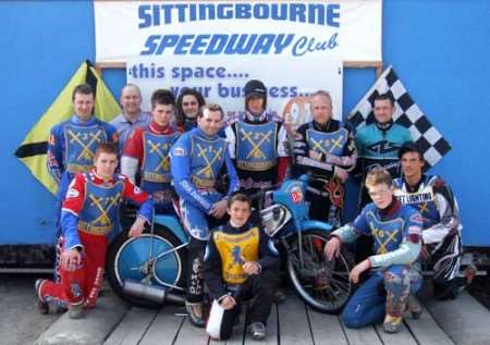 BACK ROW (left to right): Andre Cross, Chris Hunt (team manager), Mark Baseby, Danny Warwick, Joe Reynolds, Gordon Meakins, Martin Elliott. FRONT ROW (left to right): Luke Goody, Dean Felton (captain, on bike), Marc Owen (mascot), Aaron Baseby, Jon Stevens. Picture: ROGER ADLEM