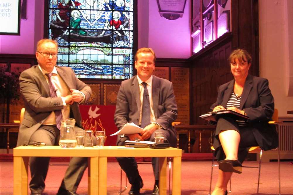 Charlie Elphicke with Darren Cocker, clinical chairman of the South Kent Coast Commission and Nicola Osborne, Kent Community Health Care Trust head of intermediate care services at a previous meeting, held in St George's Church, Deal