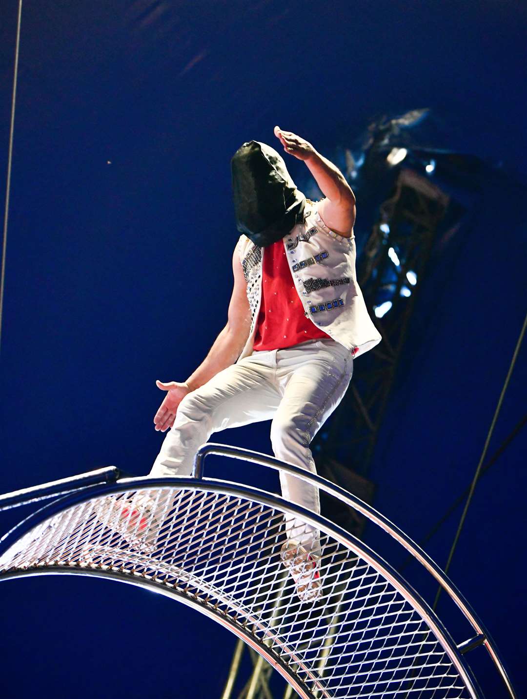 Sergio Silva blindfolded on the Wheel of Death at Santus Circus. Picture: Andy Payne