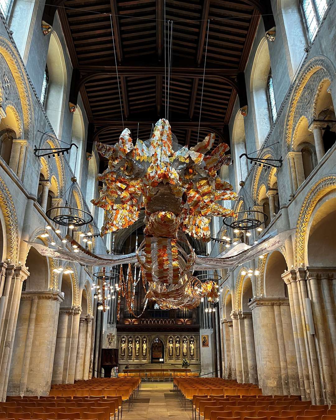 Enter the dragon - the spectacular 68ft model dragon is suspended in the nave at Rochester Cathedral