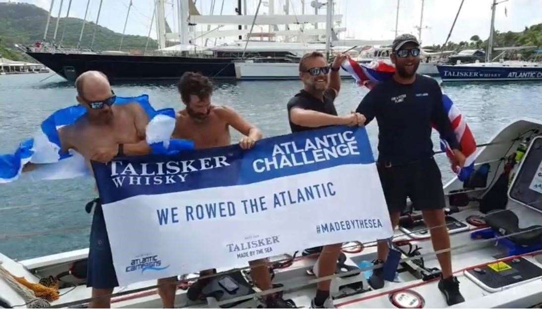 Atlantic row celebrations for (left to right) Richard Stewart, Keith Burnet, James Allan and Josh Stone