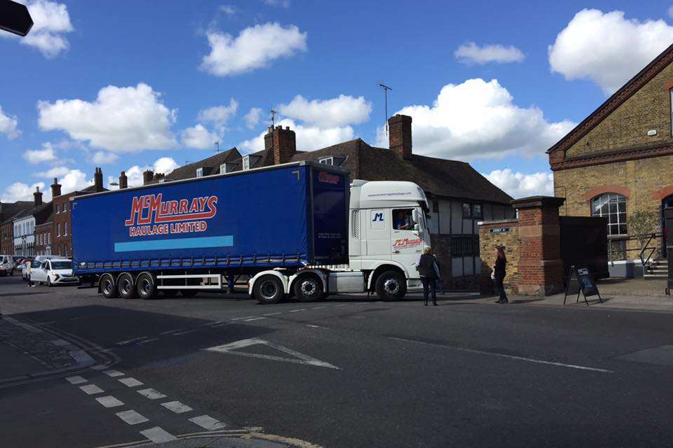 The lorry is stuck as Court Street meets Quay Lane - a key route through the town.