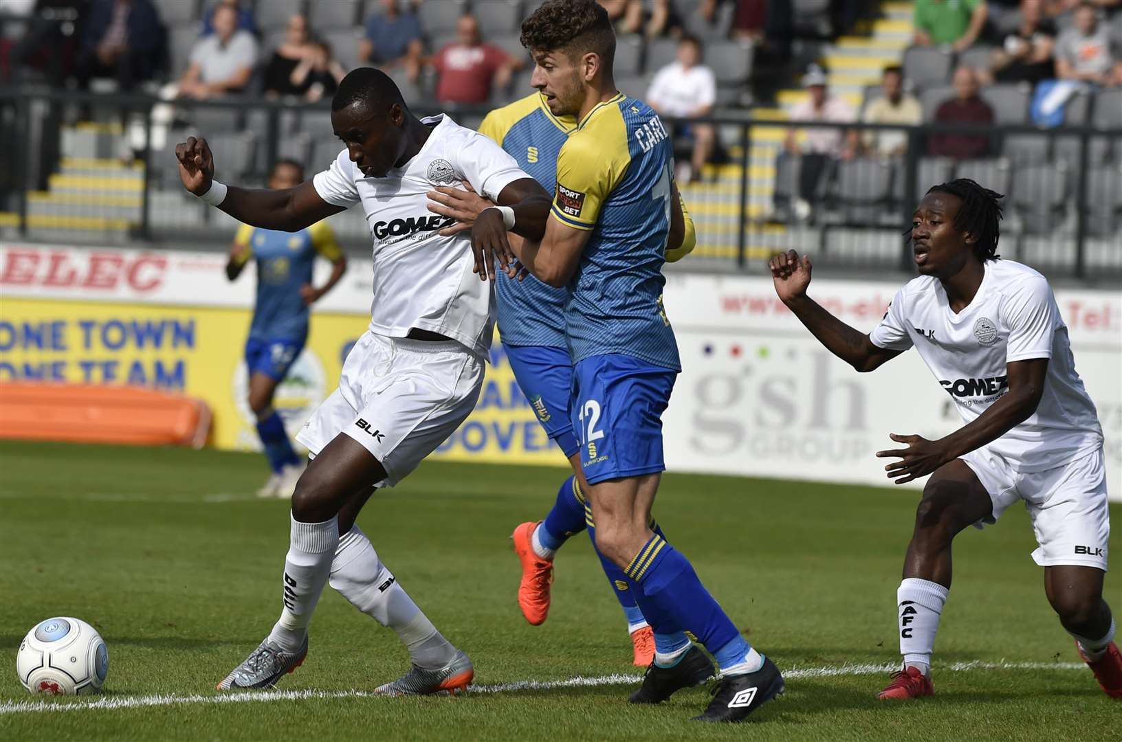 Dover forward Tobi Sho-Silva looks for a way through the Solihull defence with Kadell Daniel in support Picture: Tony Flashman