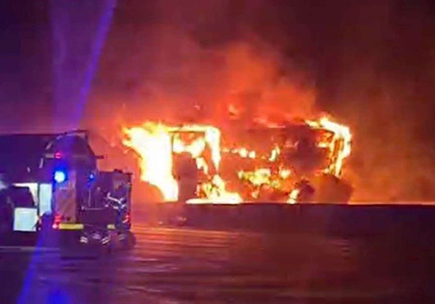 A screengrab from footage of the lorry on fire on the M25 on Sunday evening. Picture: Simona Andreeva/PA