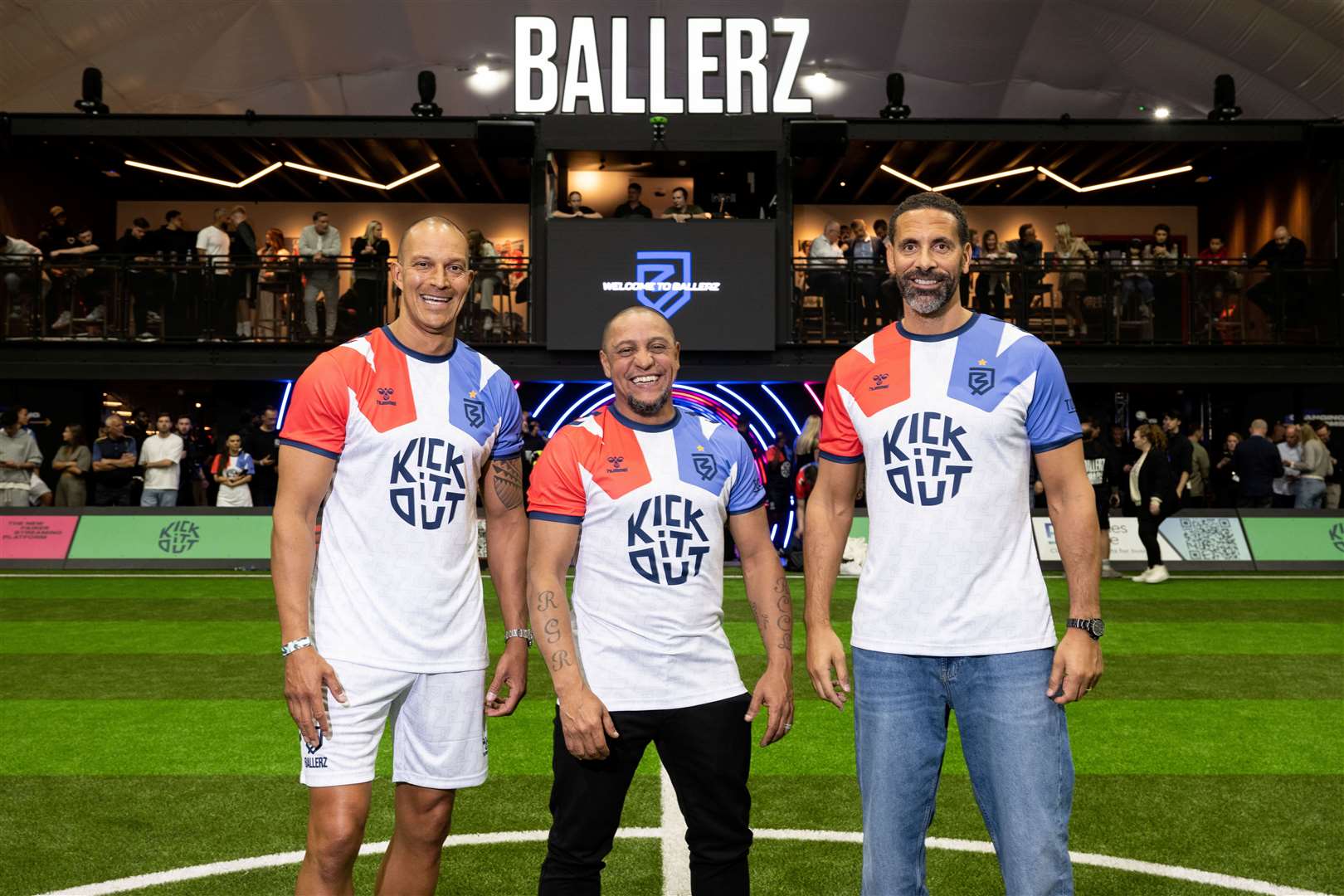 Bobby Zamora, Roberto Carlos and Rio Ferdinand are behind the football dome. Picture: Jeff Spicer/PA Media Assignments.