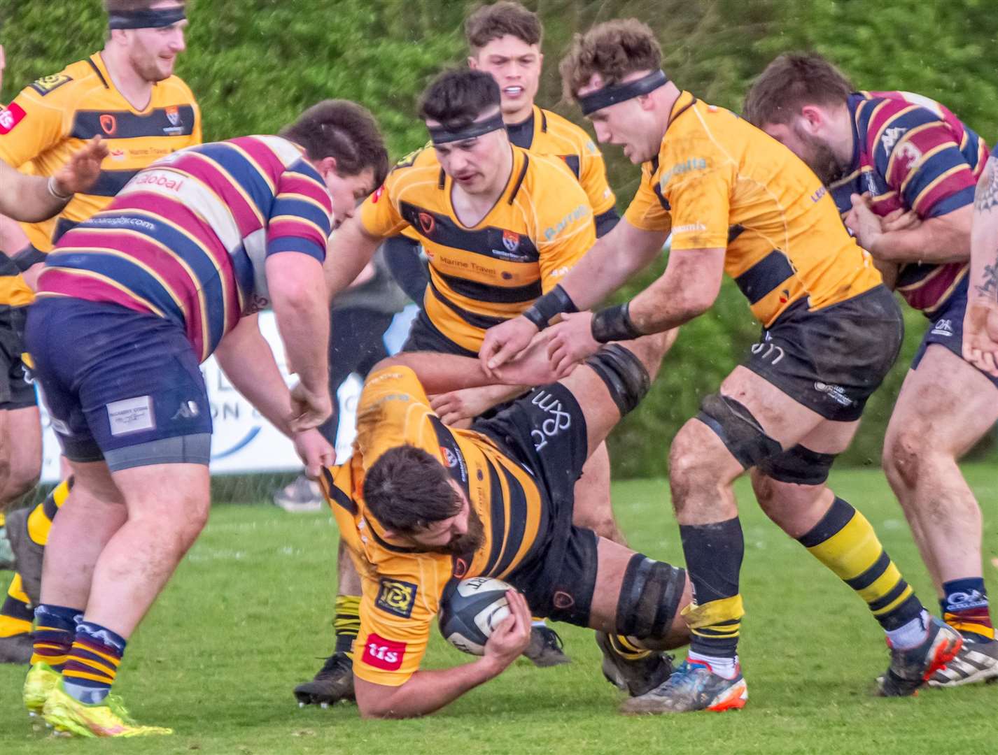 Shay Kerry takes a tumble for Canterbury Rugby Club at Old Albanians during their weekend defeat. Picture: Phillipa Hilton