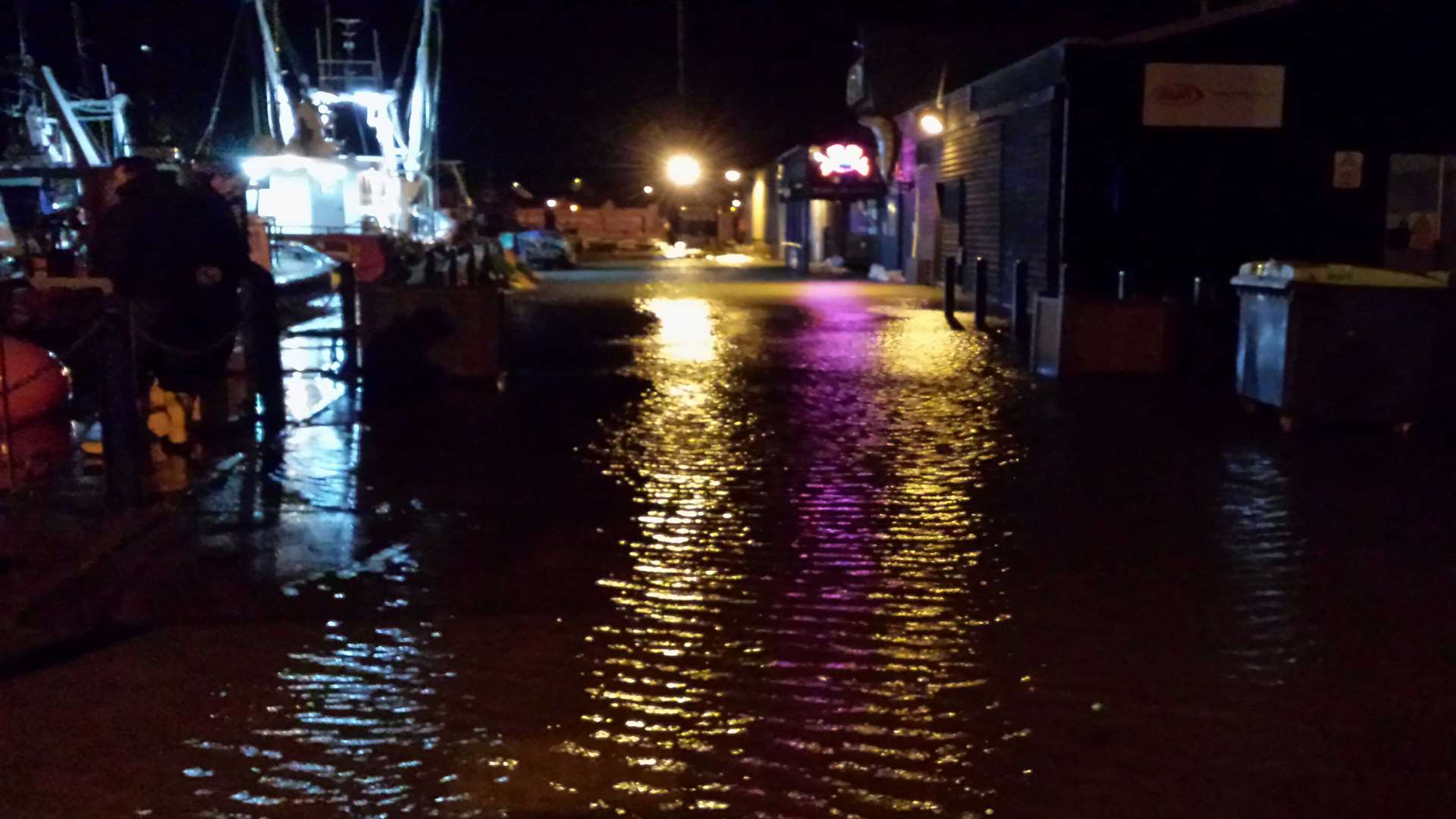 Sea came over edge of quay in Whitstable Harbour