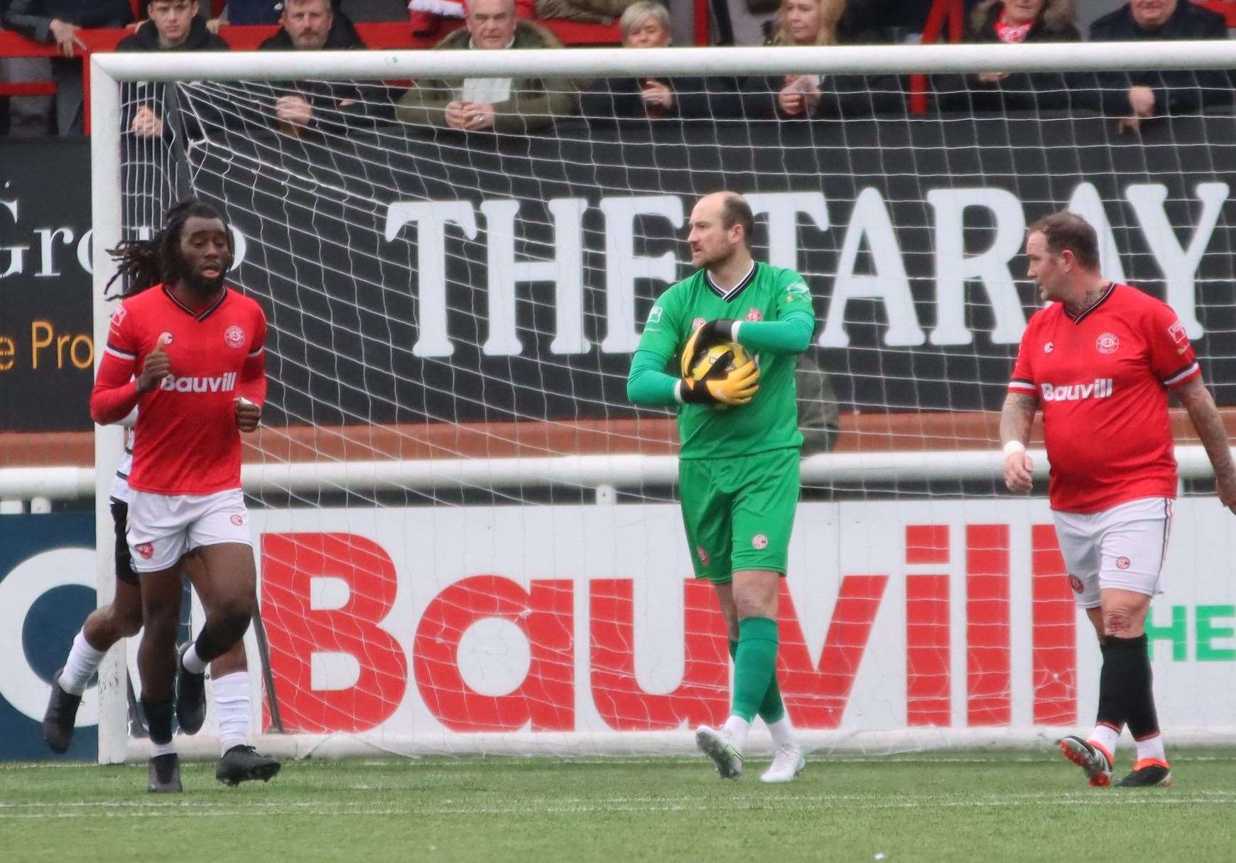 Debutant Chatham keeper Mitchell Beeney, centre, holds onto the ball. Picture: Max English (@max_ePhotos)