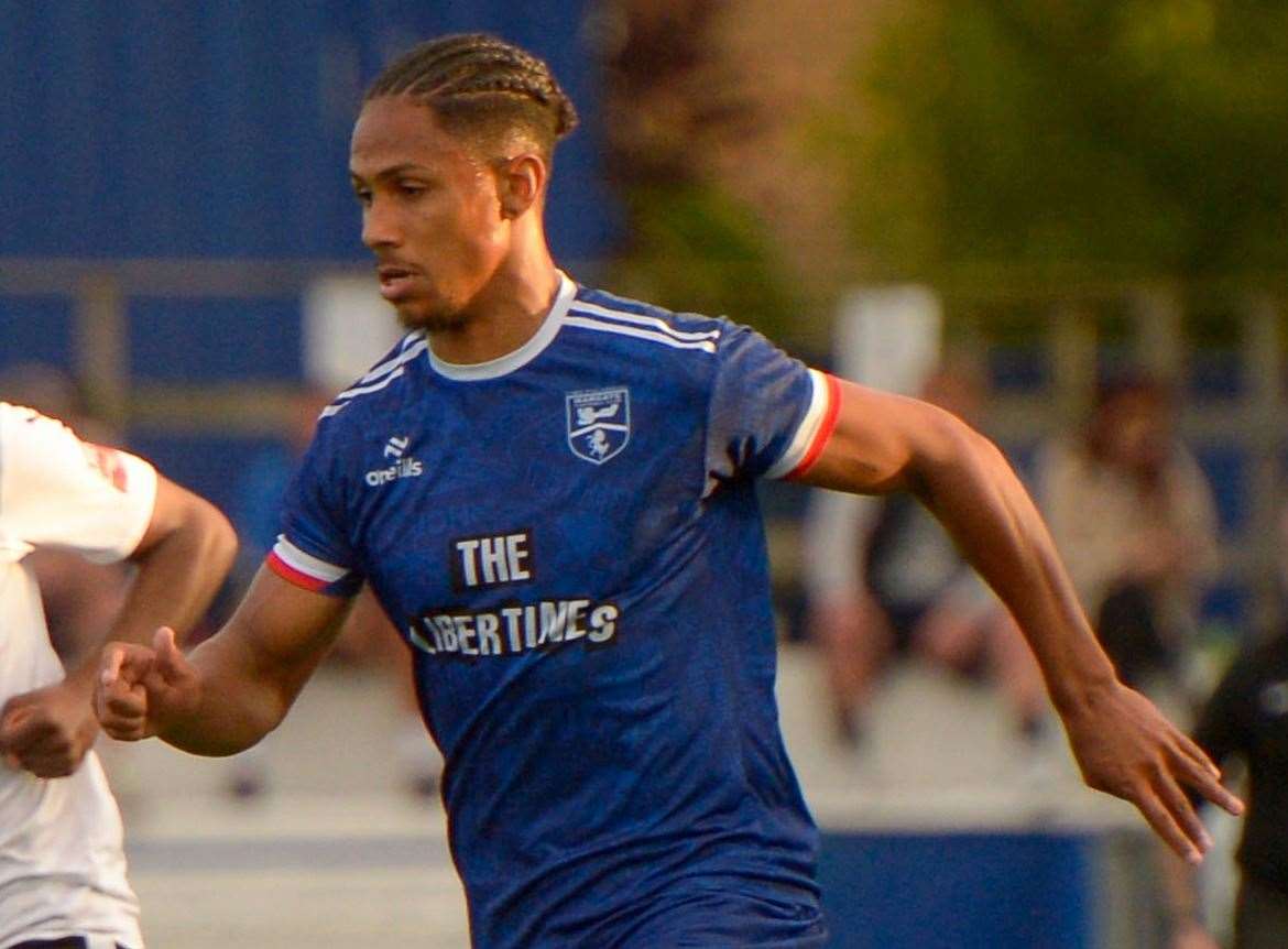 Jordan Ababio - struck late for Margate in their 2-1 Isthmian South East victory at Lancing on Saturday. Picture: Stuart Watson