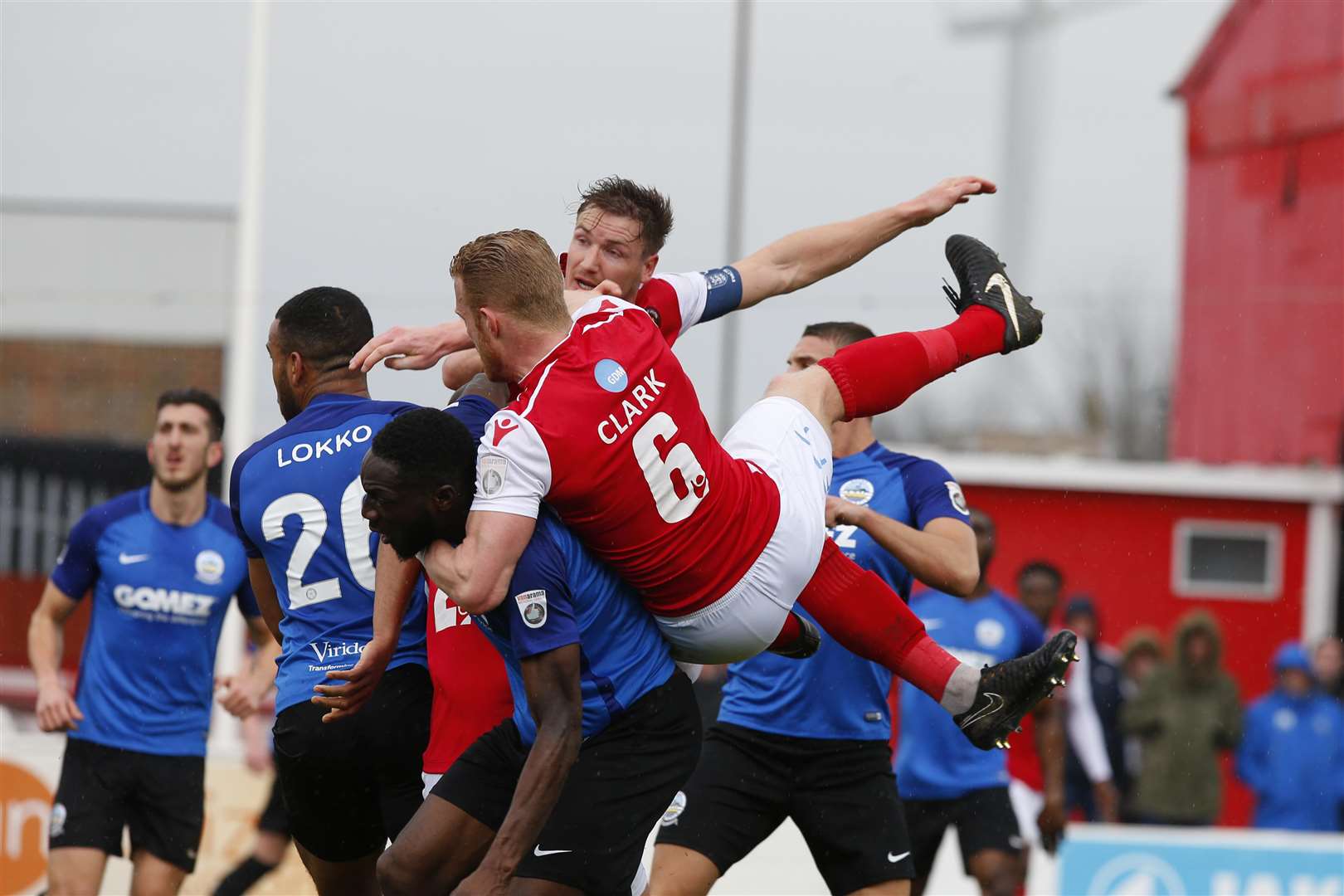 Kenny Clark gets stuck in against Dover Picture: Andy Jones