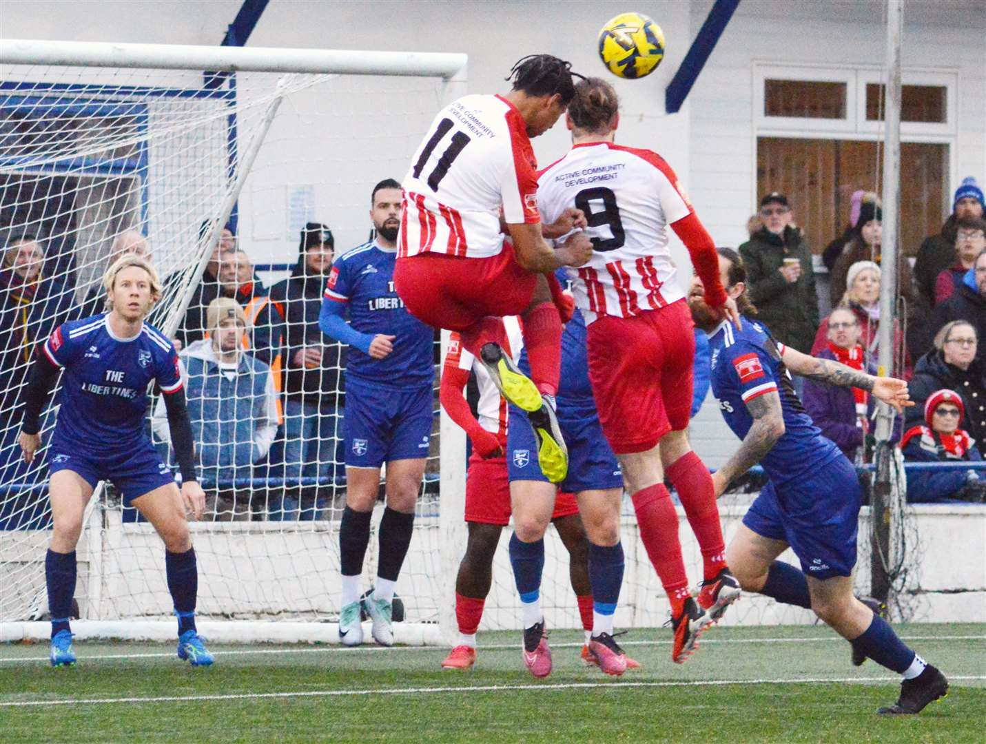 Tom Derry and returning Jordan Ababio try to get their head to a cross for the visitors. Picture: Randolph File