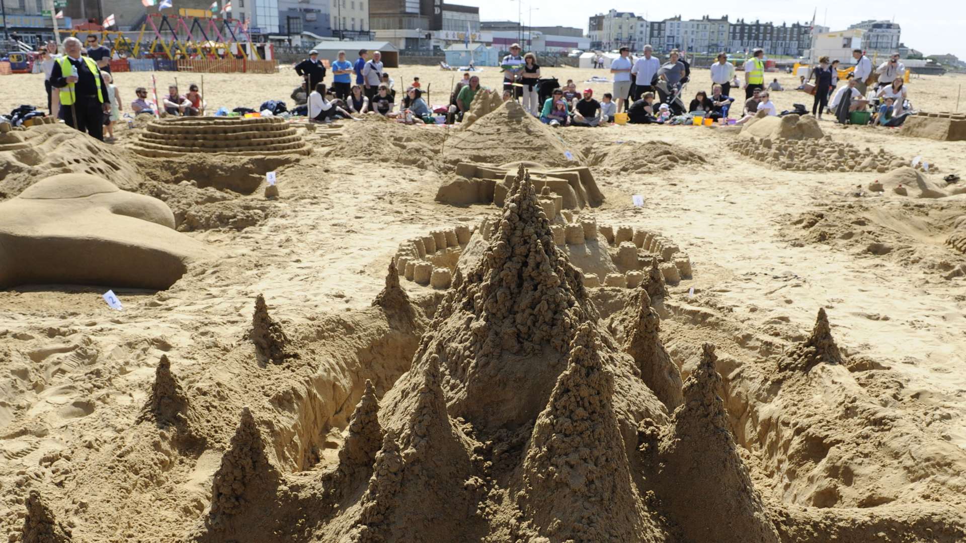 Sandcastle building on Margate beach.