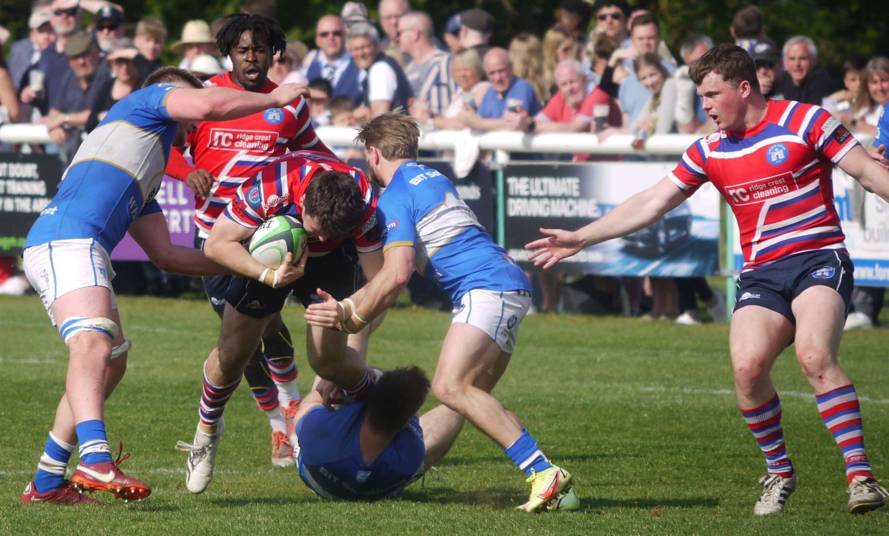 Juddians' Kyle McGhie gets stuck in against Bishop's Stortford. Picture: Adam Hookway