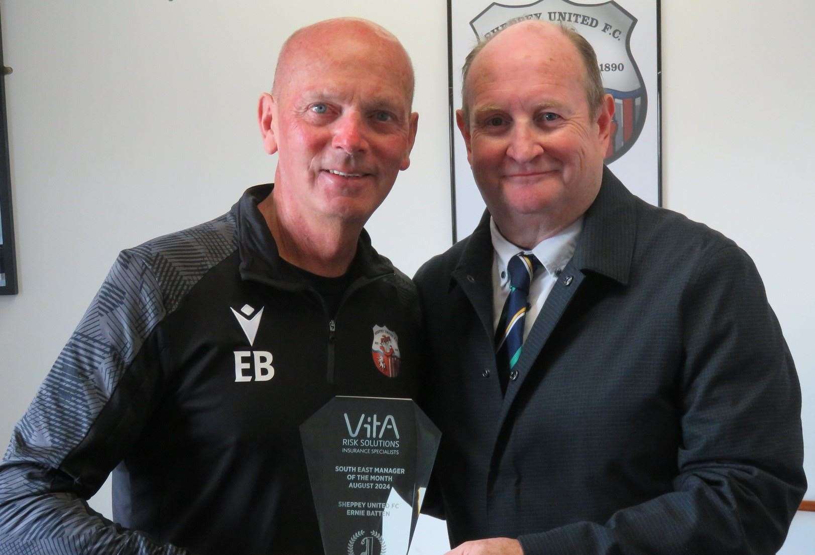 Ernie Batten is presented with the Isthmian League manager-of-the-month award for August from league director Neil Pilcher Picture: Paul Owen Richards