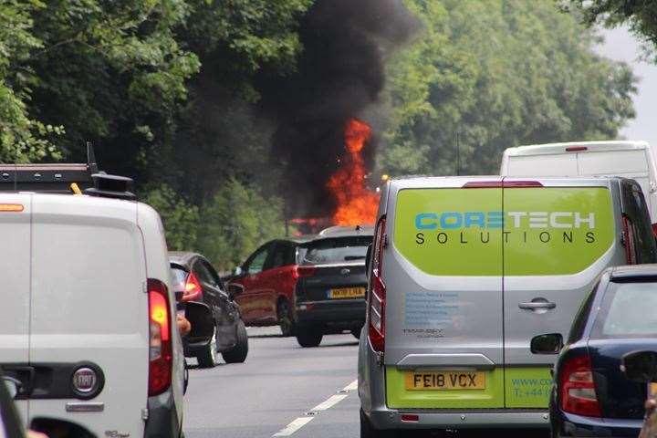 Car on fire at Detling Hill. Picture: Michael Donnelly