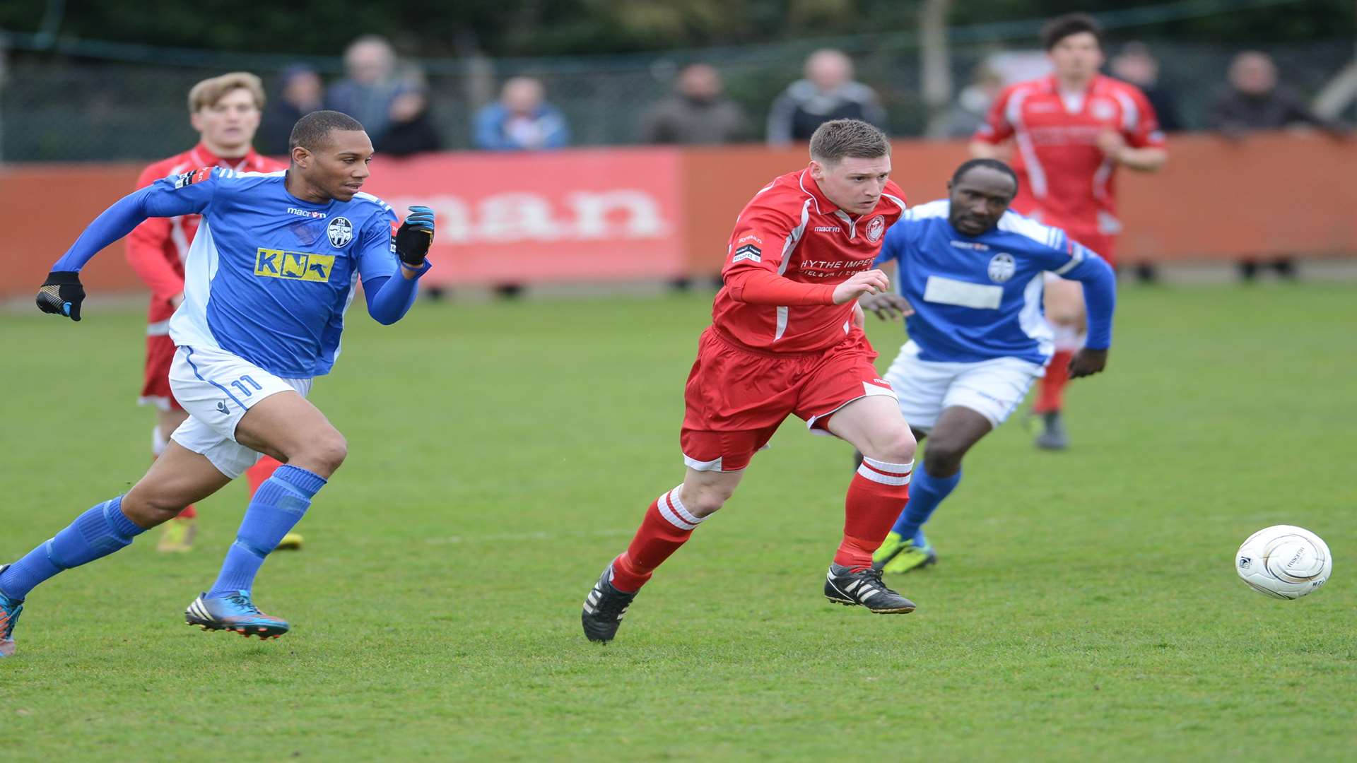 Sam Bewick on the ball for Hythe against Tooting & Mitcham in March Picture: Gary Browne