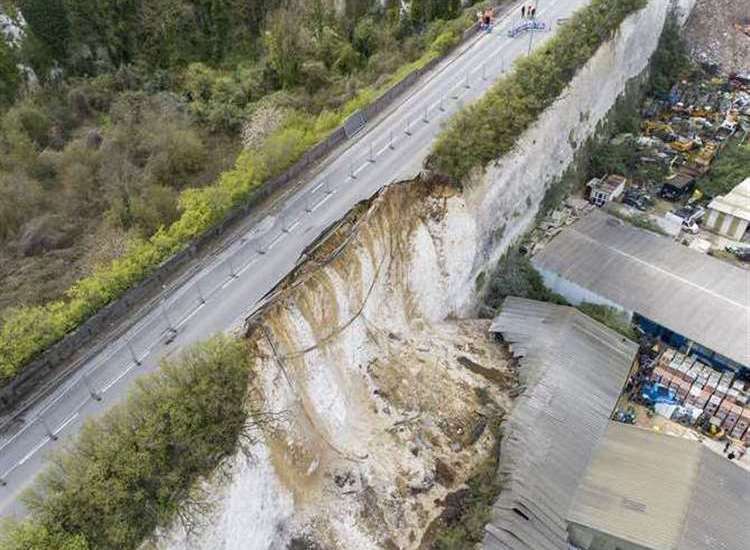 The A226 Galley Hill Road in Swanscombe has been shut since April following a major landslip. Photo: High Profile Aerial