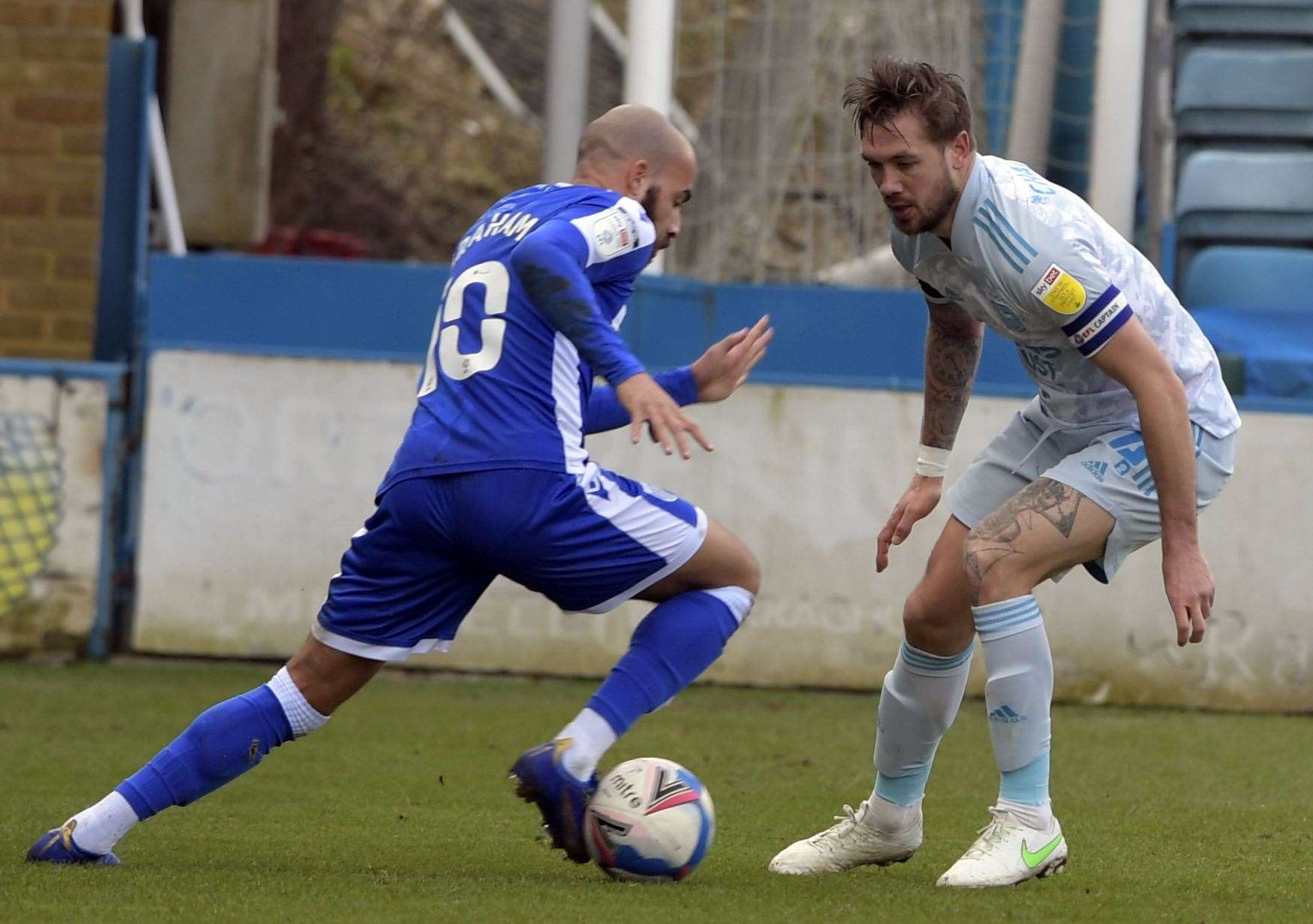 Gills' Jordan Graham takes on Ipswich's Luke Chambers. Picture: Barry Goodwin