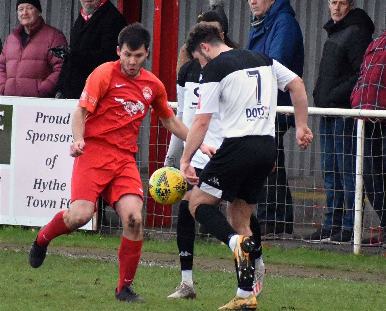 Marshall Wratten, pictured in action against Hythe, has returned to Dover following the end of his loan at Faversham. Picture: Randolph File